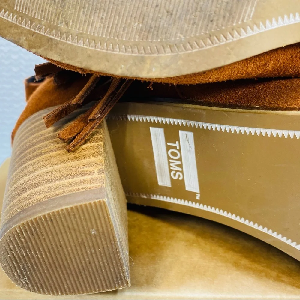 TOMS Suede Booties Womens Sz 7.5 Cinnamon Brown W. Fringe 3” Heel - Picture 7 of 10